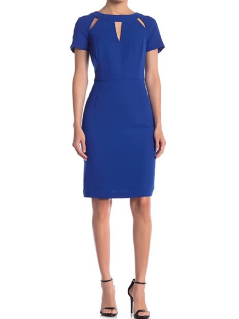 FOCUS by Shani Cobalt Blue Keyhole Cutouts Short Sleeve Sheath Woven Crepe Dress